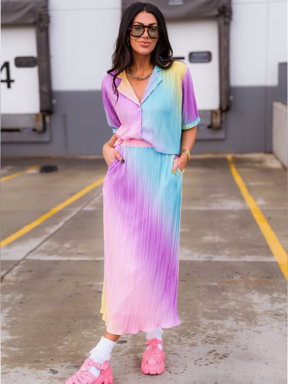 Dressed in Lala Est La Vie Rainbow Stripe Two Piece Shirt & Skirt Set Small